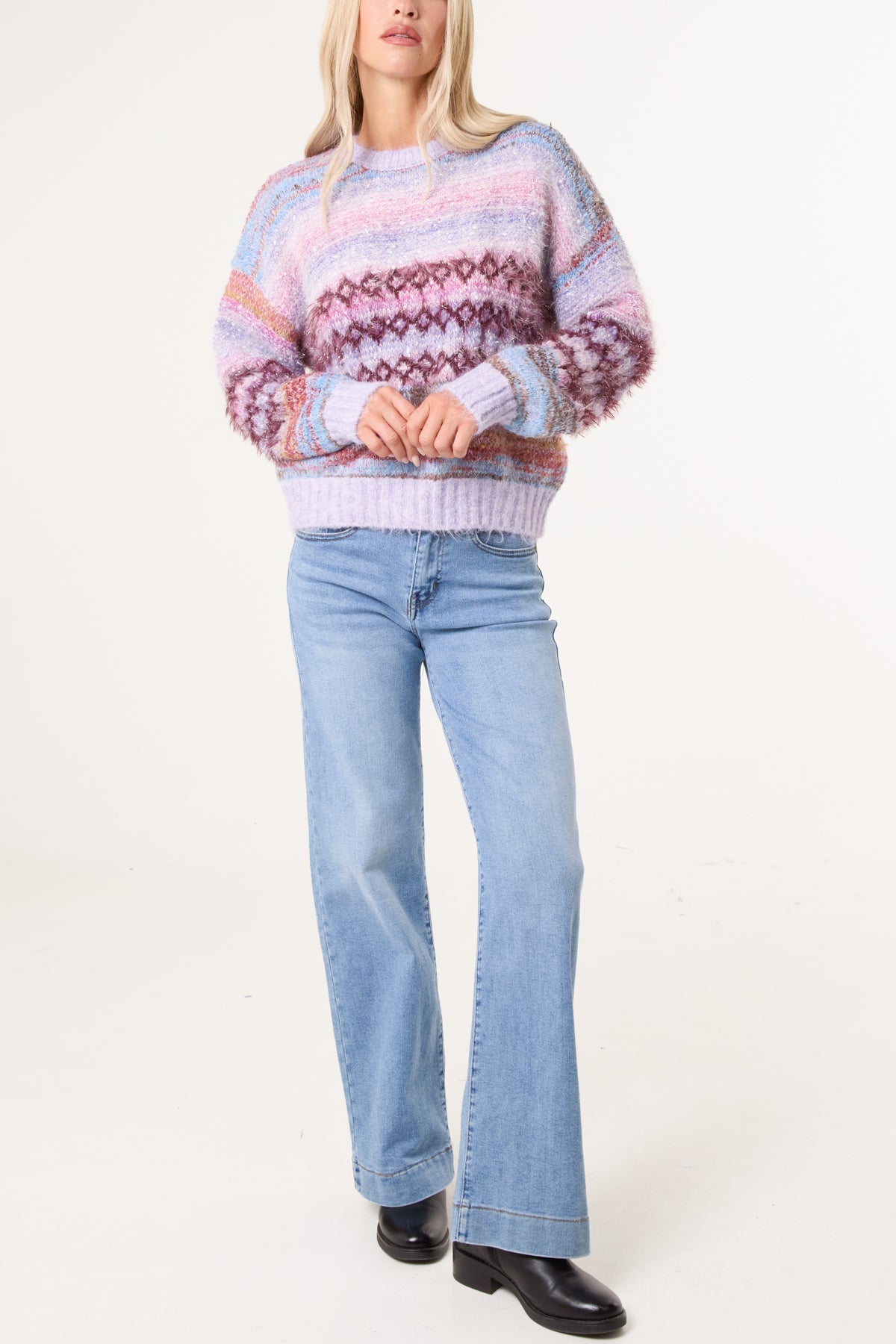 Women's Stripe Knit Jumper Flecked Mixed Yarn Sweater