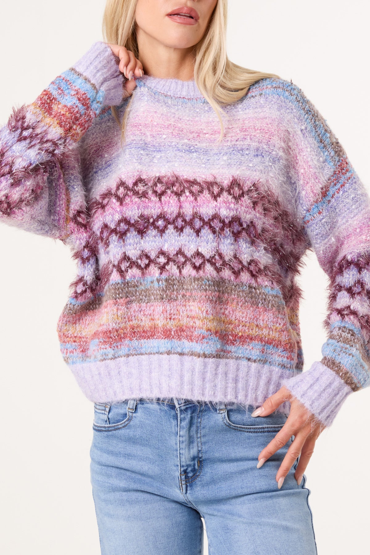Women's Stripe Knit Jumper Flecked Mixed Yarn Sweater