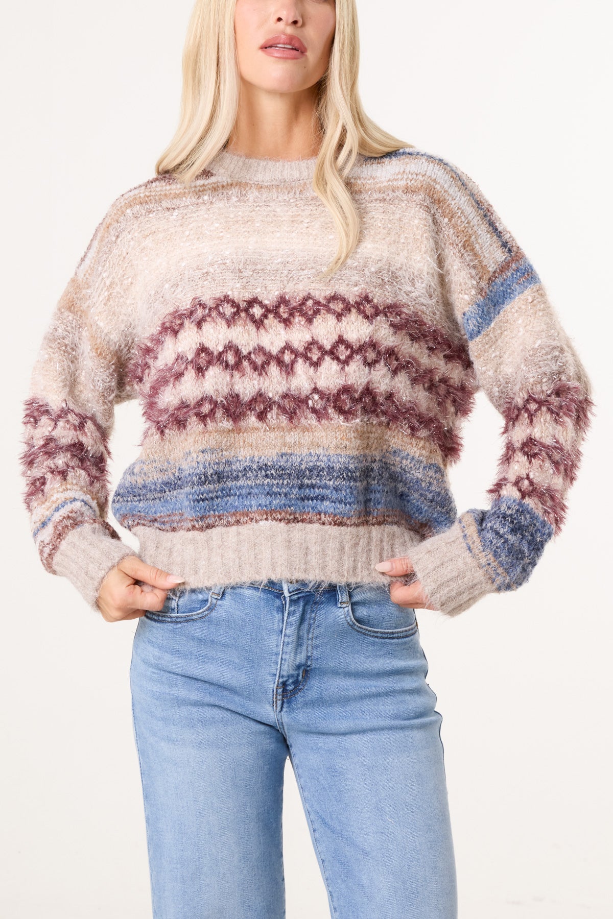 Women's Stripe Knit Jumper Flecked Mixed Yarn Sweater