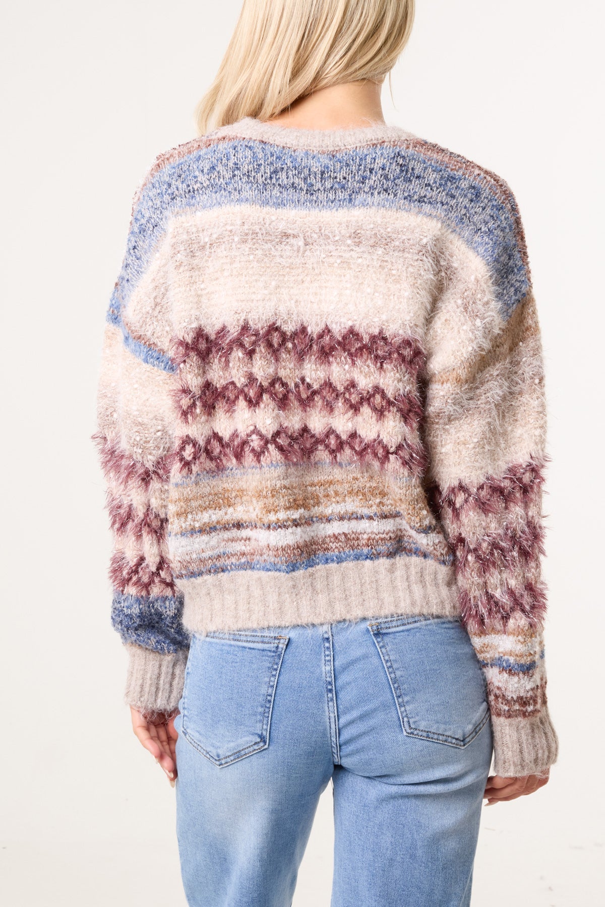 Women's Stripe Knit Jumper Flecked Mixed Yarn Sweater