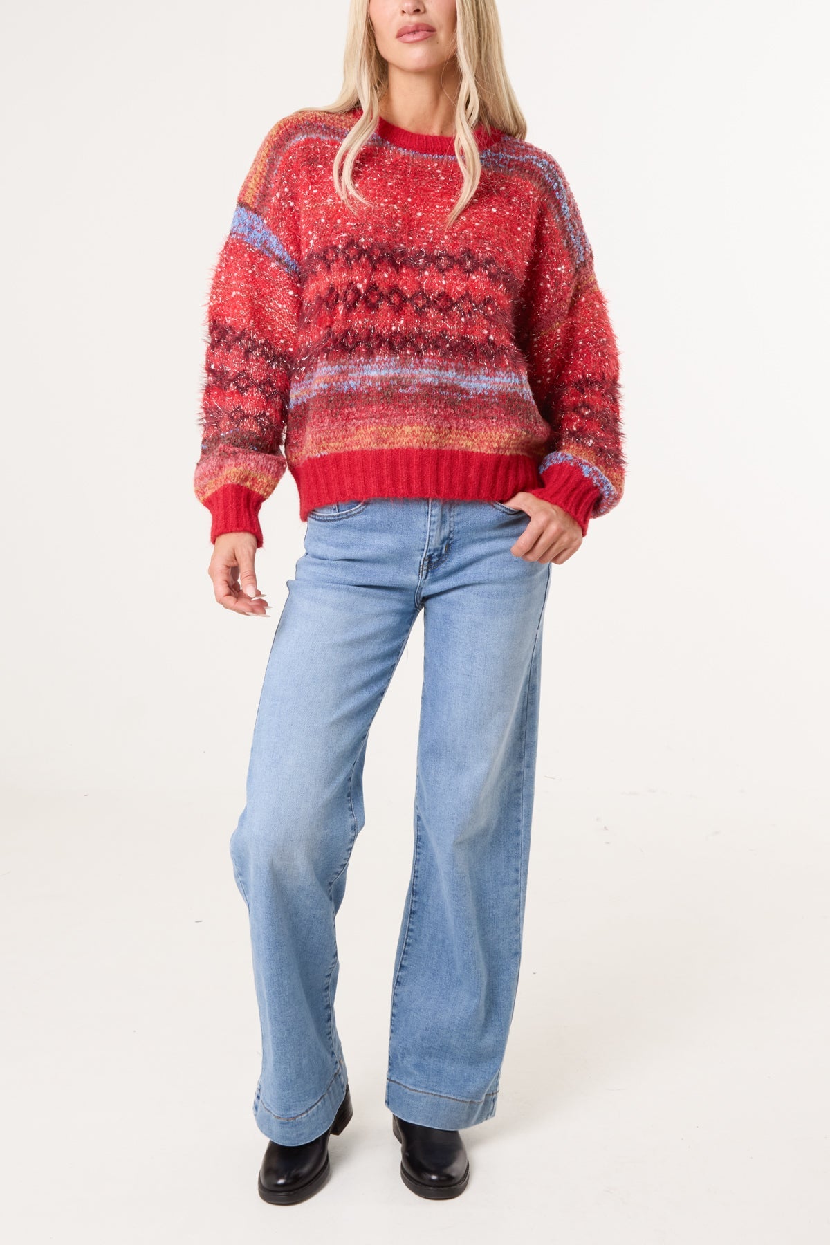 Women's Stripe Knit Jumper Flecked Mixed Yarn Sweater