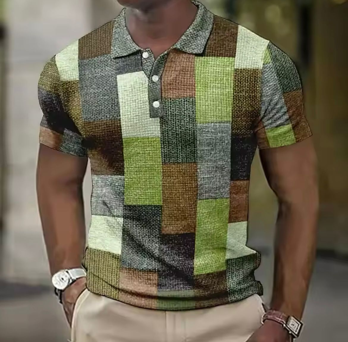 Men's Patchwork Polo Shirt - Plaid Casual Fit