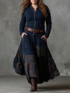 Women's Maxi Dress in Faux Suede with Checked Panels and Belt