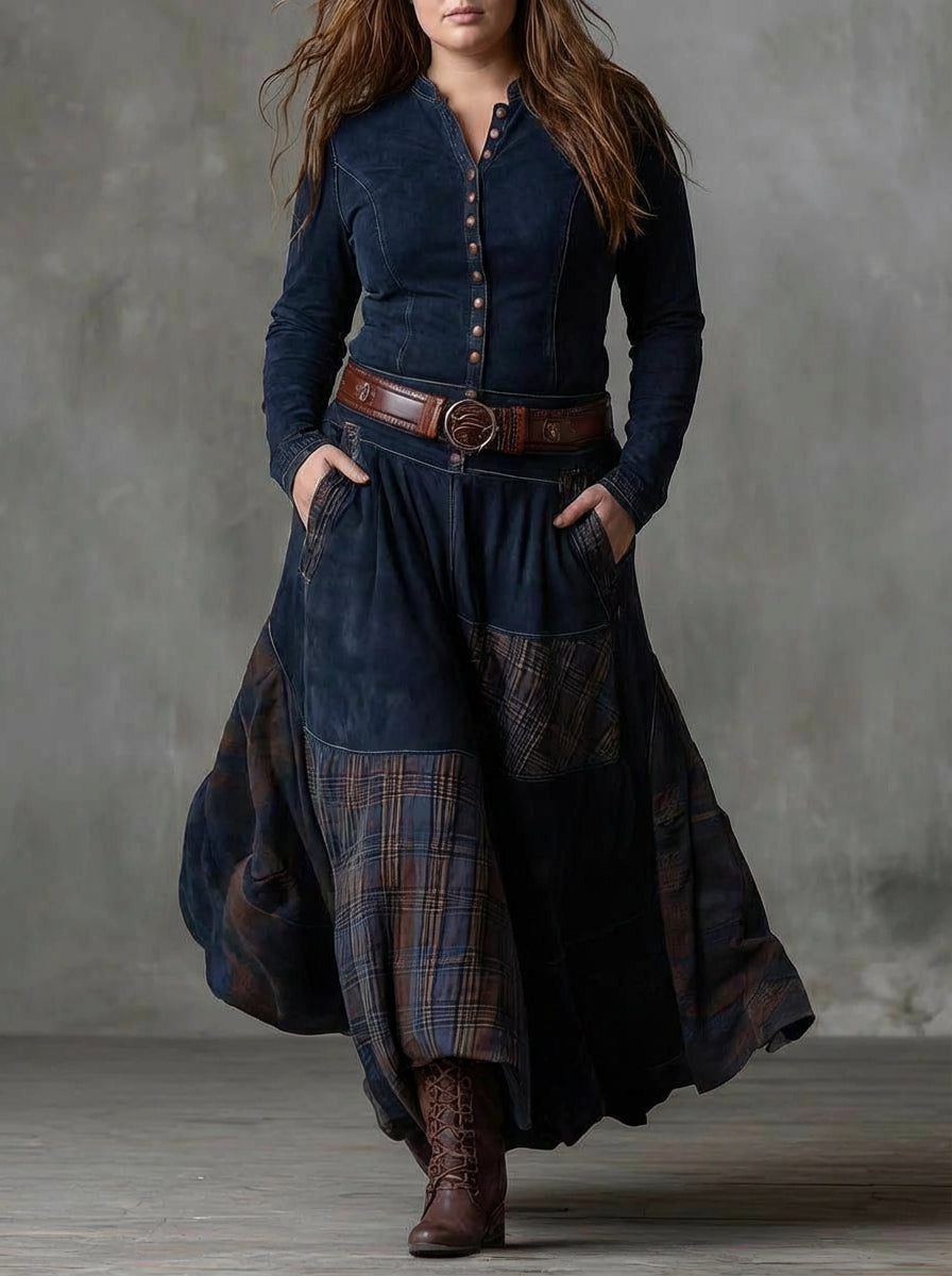 Women's Maxi Dress in Faux Suede with Checked Panels and Belt