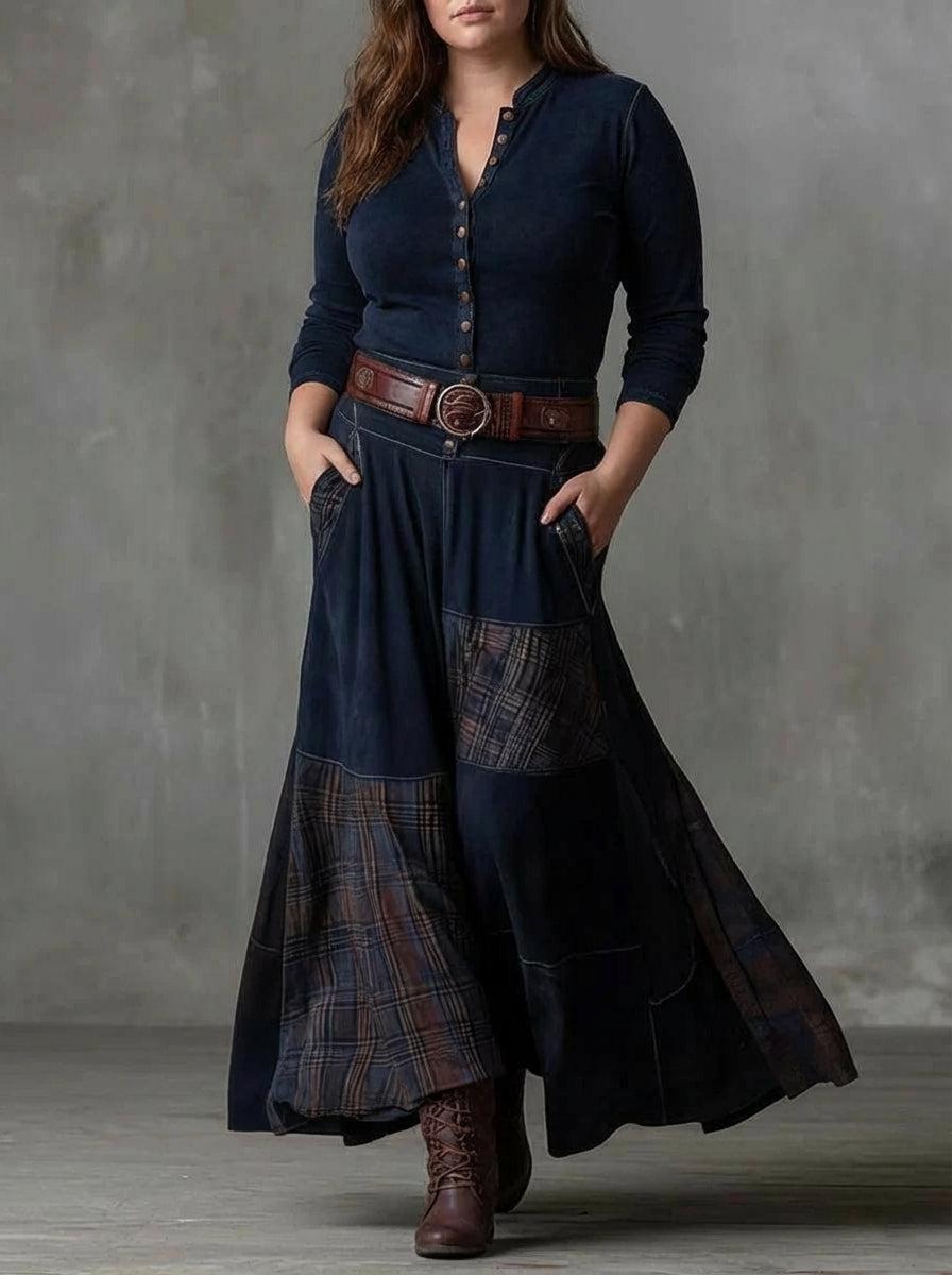 Women's Maxi Dress in Faux Suede with Checked Panels and Belt
