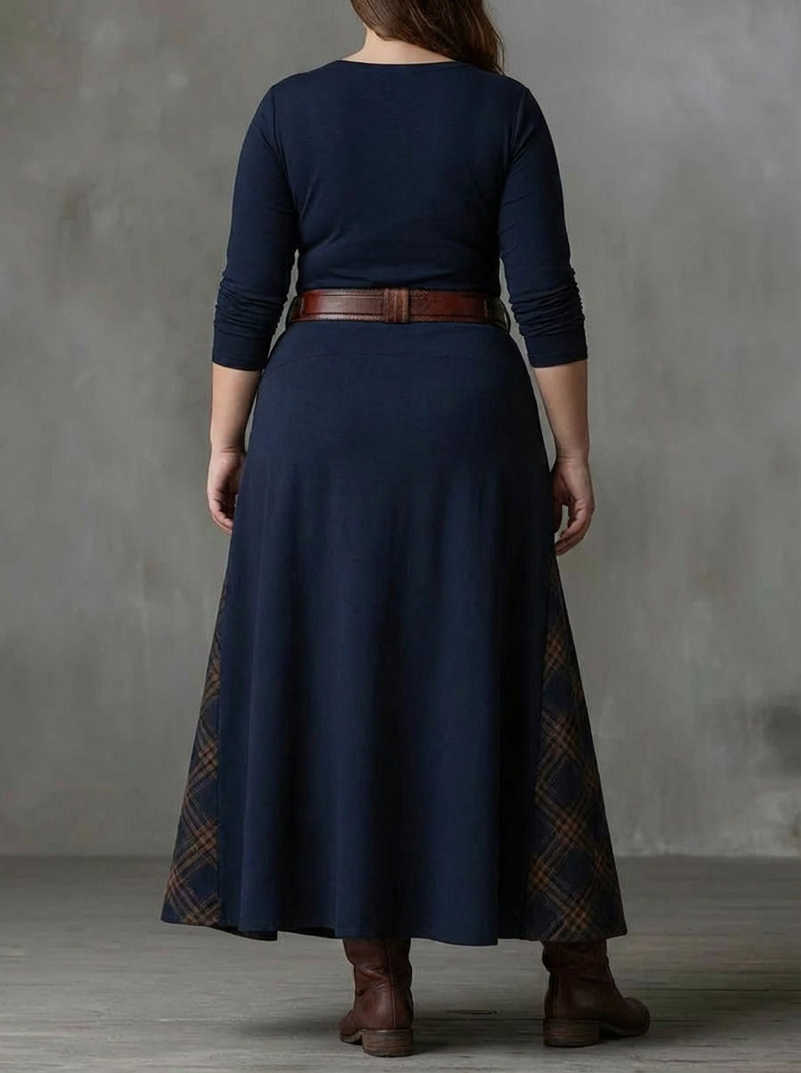 Women's Maxi Dress in Faux Suede with Checked Panels and Belt