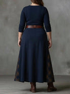 Women's Maxi Dress in Faux Suede with Checked Panels and Belt