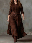 Women's Maxi Dress in Faux Suede with Checked Panels and Belt