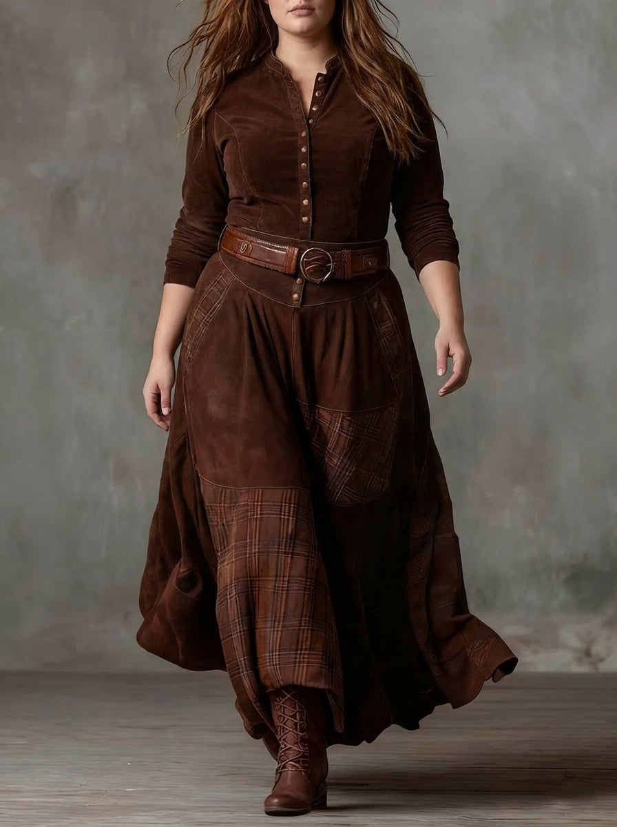Women's Maxi Dress in Faux Suede with Checked Panels and Belt