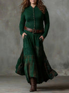 Women's Maxi Dress in Faux Suede with Checked Panels and Belt