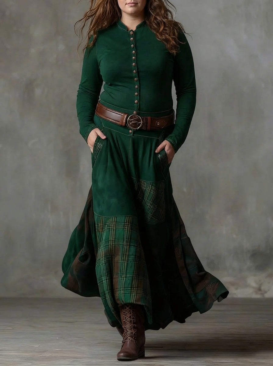 Women's Maxi Dress in Faux Suede with Checked Panels and Belt
