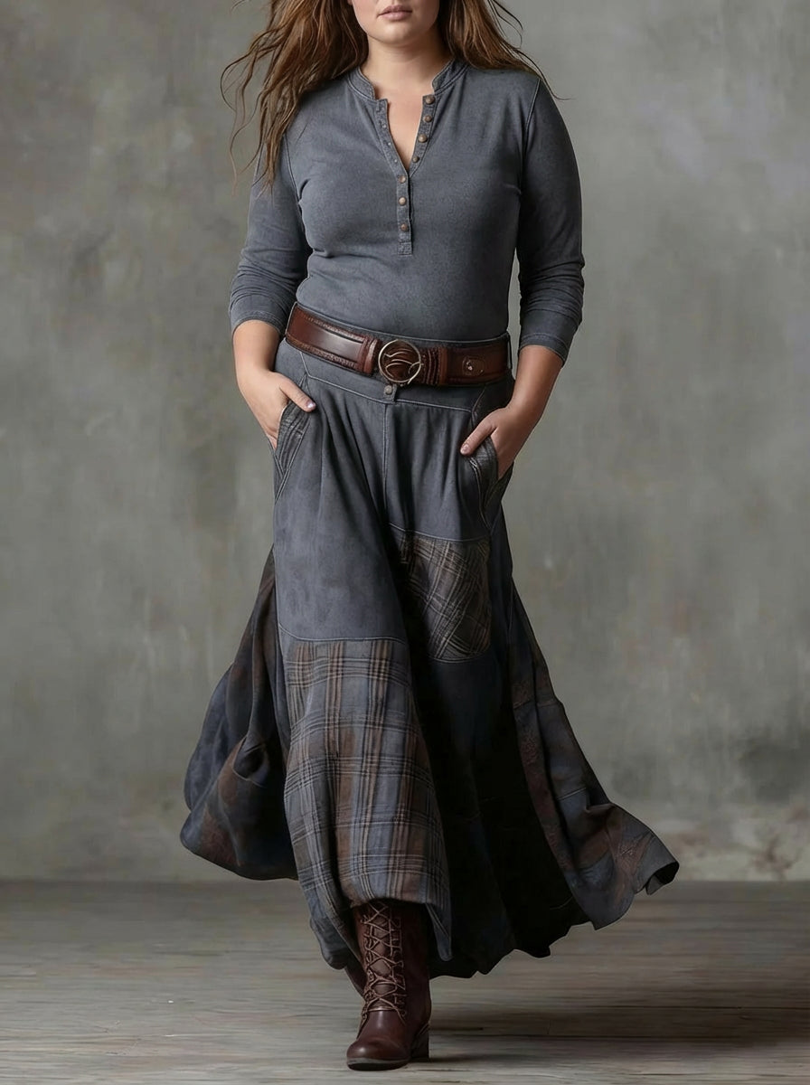 Women's Maxi Dress in Faux Suede with Checked Panels and Belt