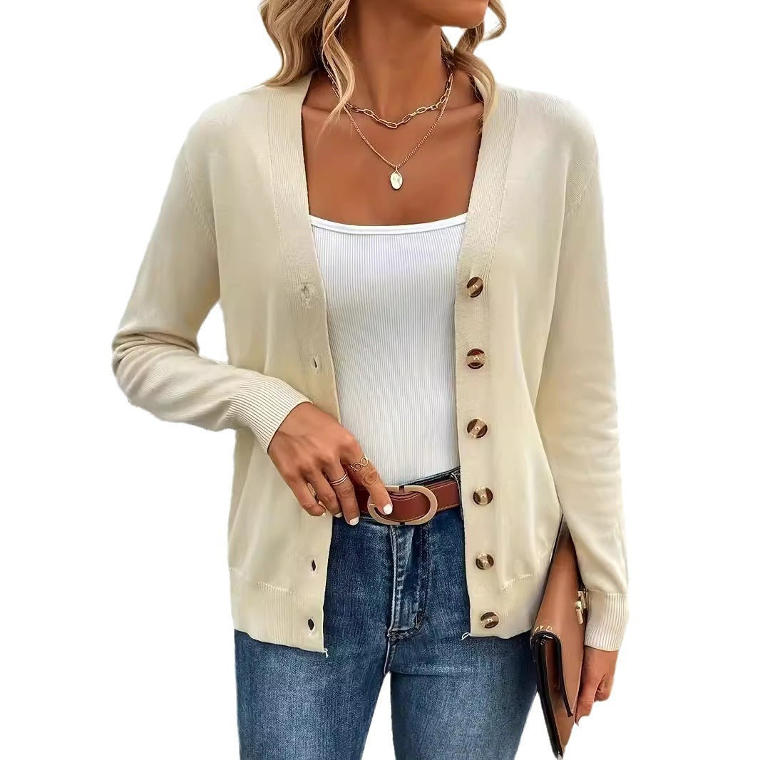 Women's V-Neck Cardigan with Side Slits and Button Detail