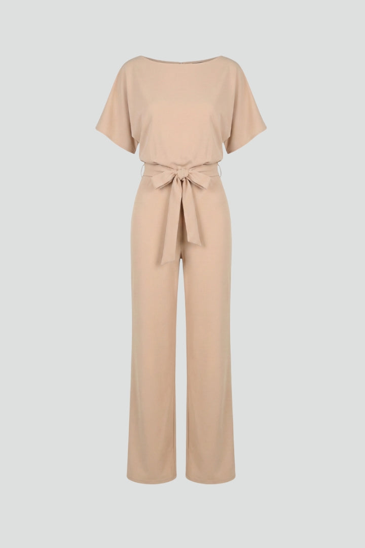 Women's Wide-Leg Jumpsuit with Tie Belt and Round Neckline