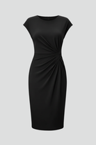 Women's Knee-Length Dress with Round Neck and Ruched Waist