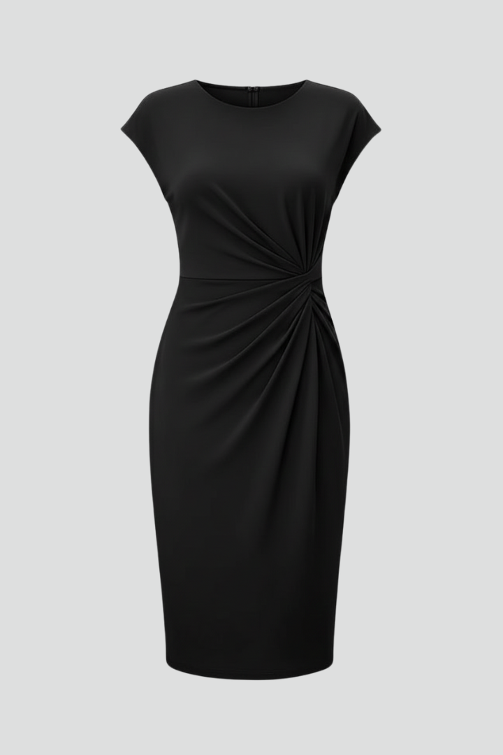 Women's Knee-Length Dress with Round Neck and Ruched Waist