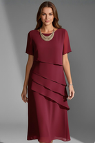 Women's Short Sleeve Dress with Layered Front Panel and Straight Hem