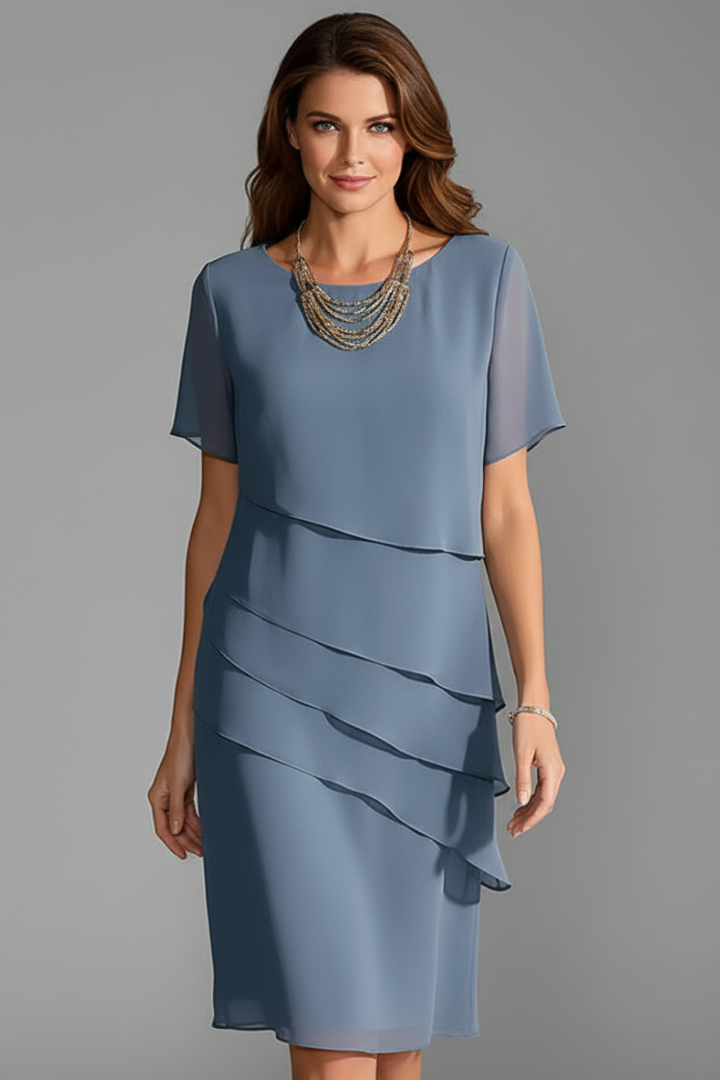 Women's Short Sleeve Dress with Layered Front Panel and Straight Hem