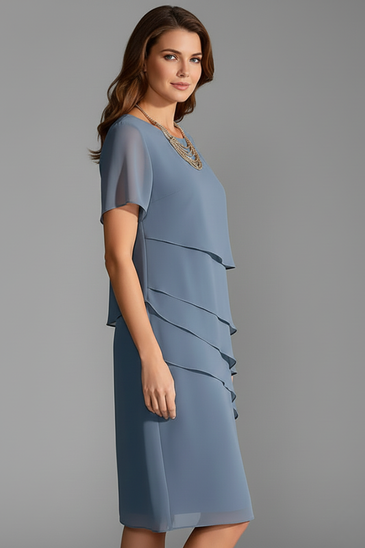Women's Short Sleeve Dress with Layered Front Panel and Straight Hem