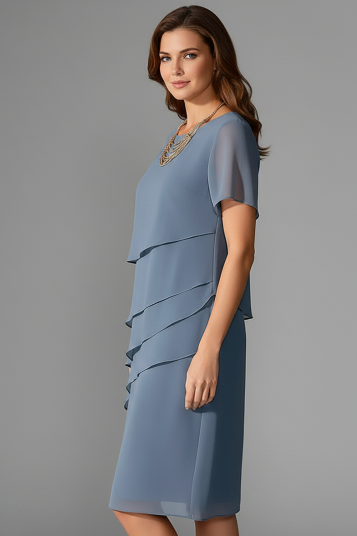 Women's Short Sleeve Dress with Layered Front Panel and Straight Hem