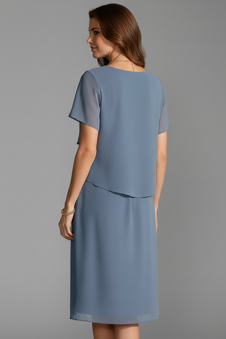 Women's Short Sleeve Dress with Layered Front Panel and Straight Hem