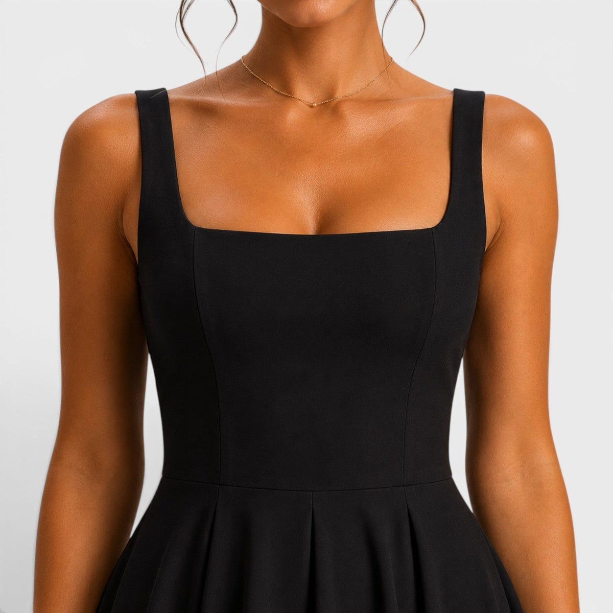 Women's Midi Dress with Square Neckline and Flared Skirt