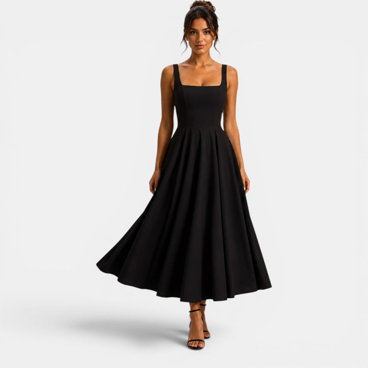 Women's Midi Dress with Square Neckline and Flared Skirt