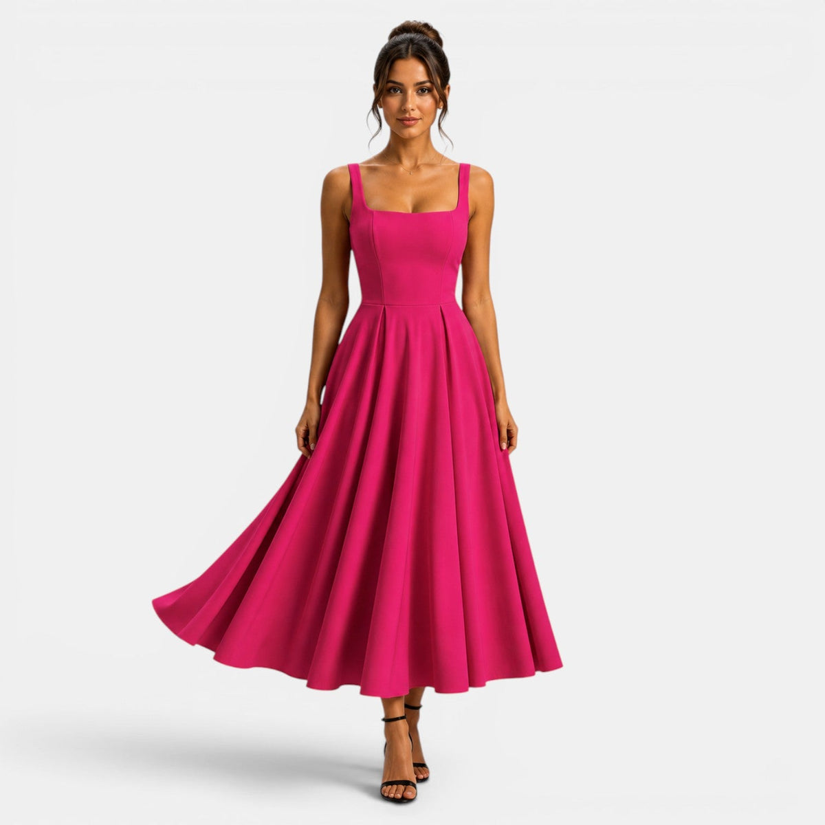 Women's Midi Dress with Square Neckline and Flared Skirt