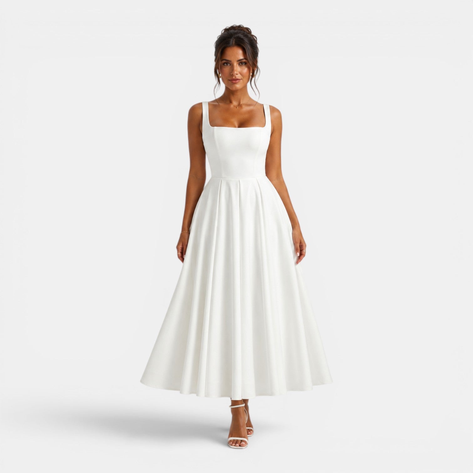 Women's Midi Dress with Square Neckline and Flared Skirt