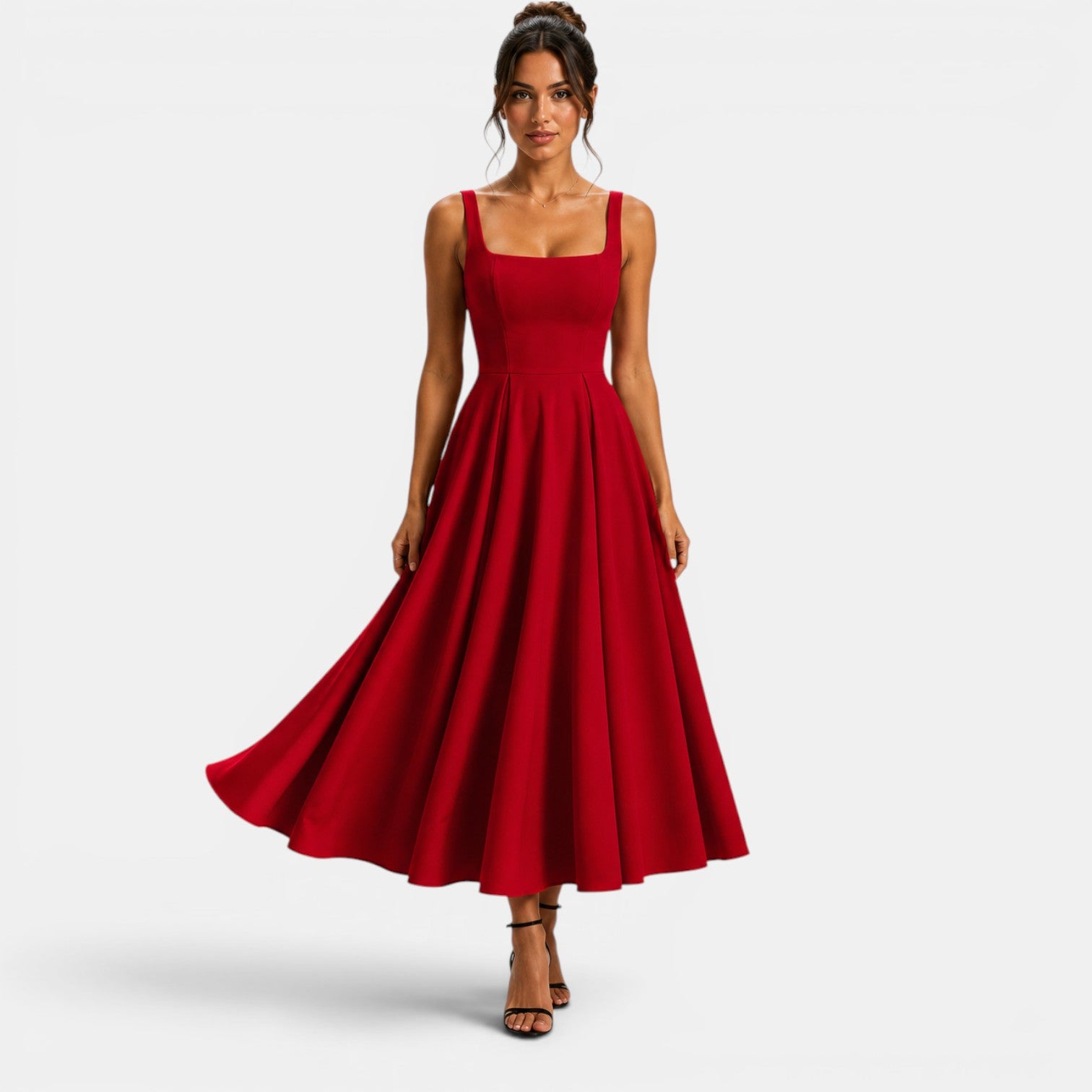 Women's Midi Dress with Square Neckline and Flared Skirt
