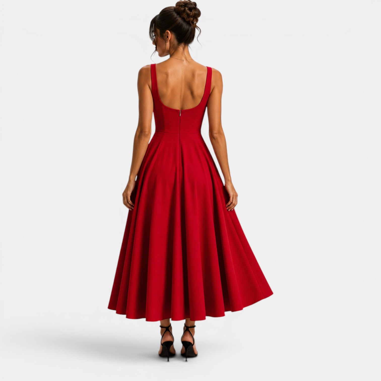 Women's Midi Dress with Square Neckline and Flared Skirt