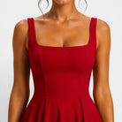 Women's Midi Dress with Square Neckline and Flared Skirt