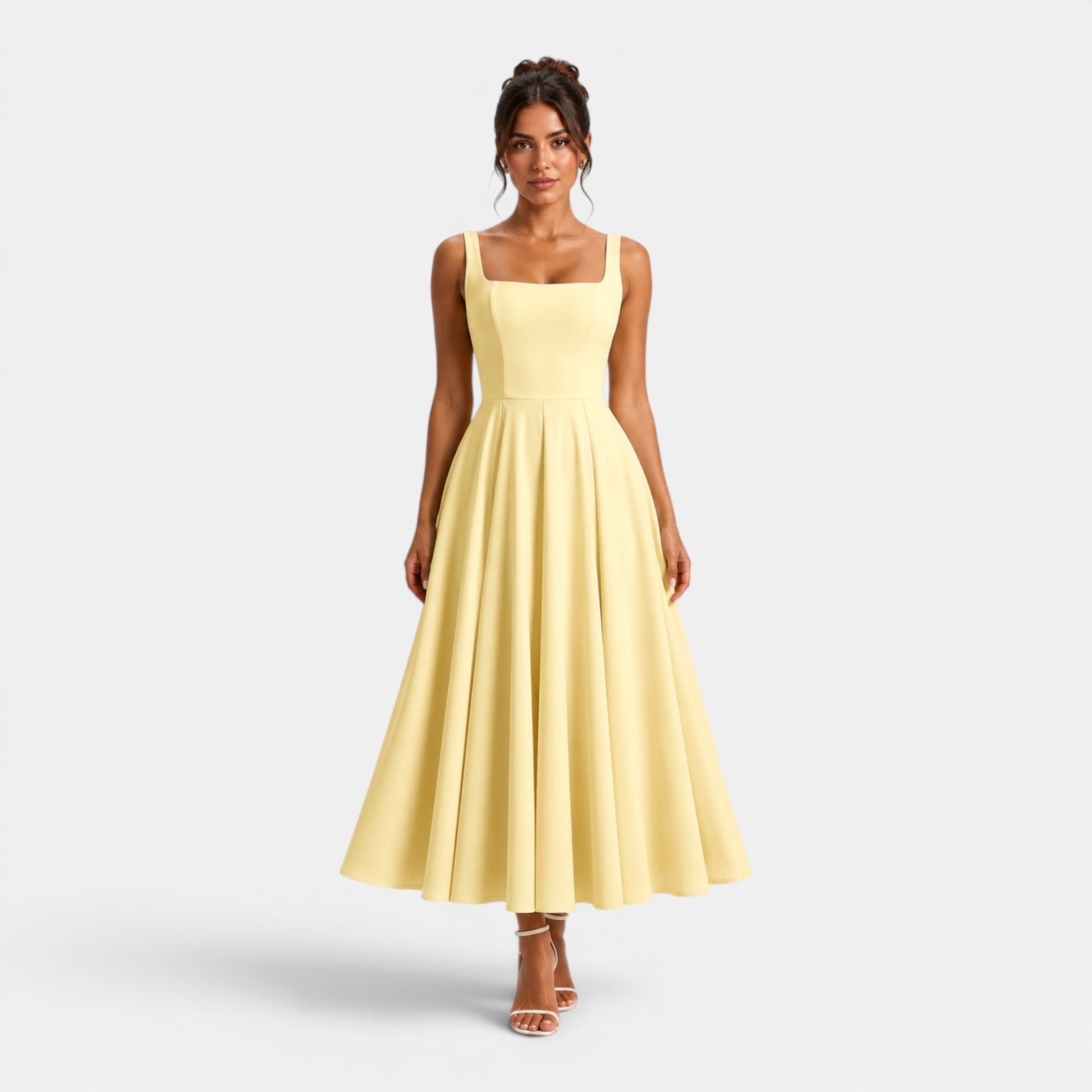 Women's Midi Dress with Square Neckline and Flared Skirt