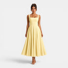 Women's Midi Dress with Square Neckline and Flared Skirt