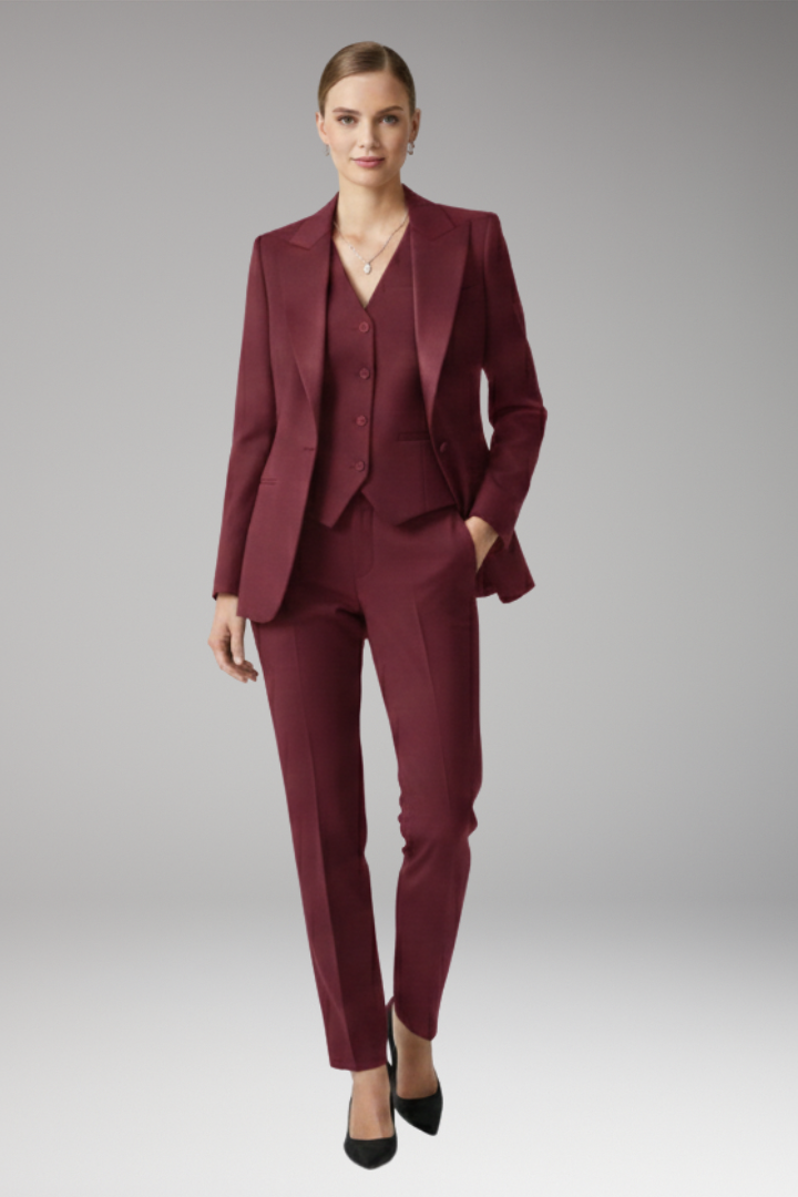 Women's Three-Piece Suit Set with Notched Jacket and Straight Trousers