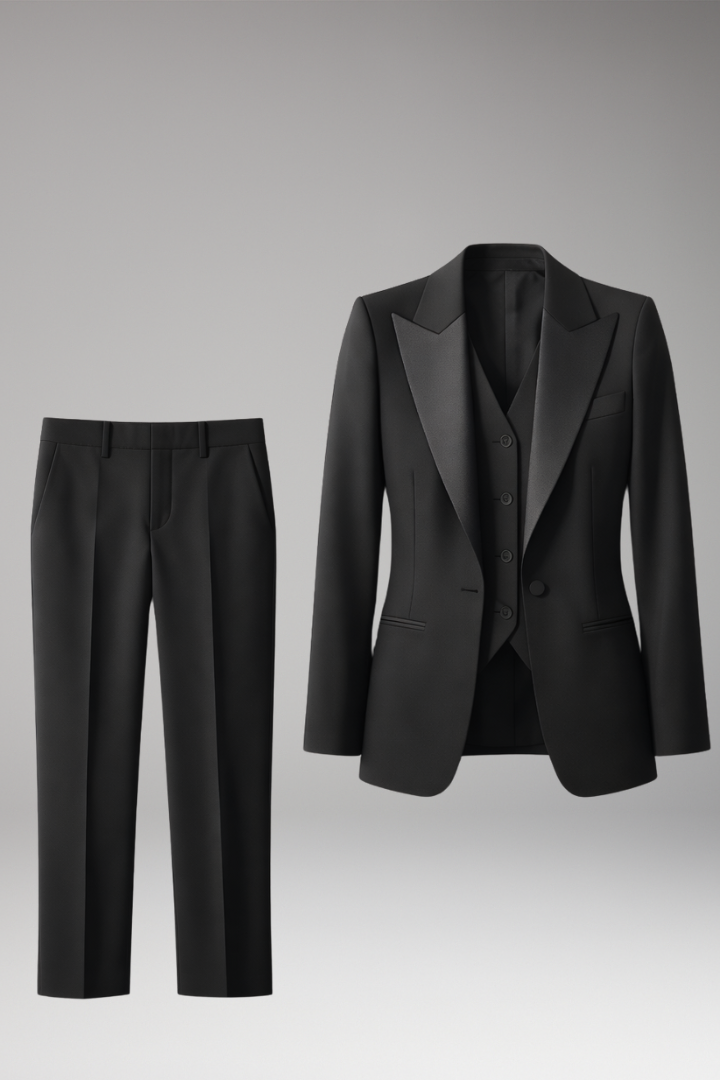 Women's Three-Piece Suit Set with Notched Jacket and Straight Trousers