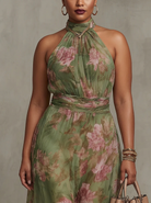 Women's Green Floral Chiffon Halter Maxi Dress