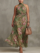 Women's Green Floral Chiffon Halter Maxi Dress
