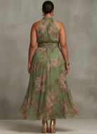 Women's Green Floral Chiffon Halter Maxi Dress