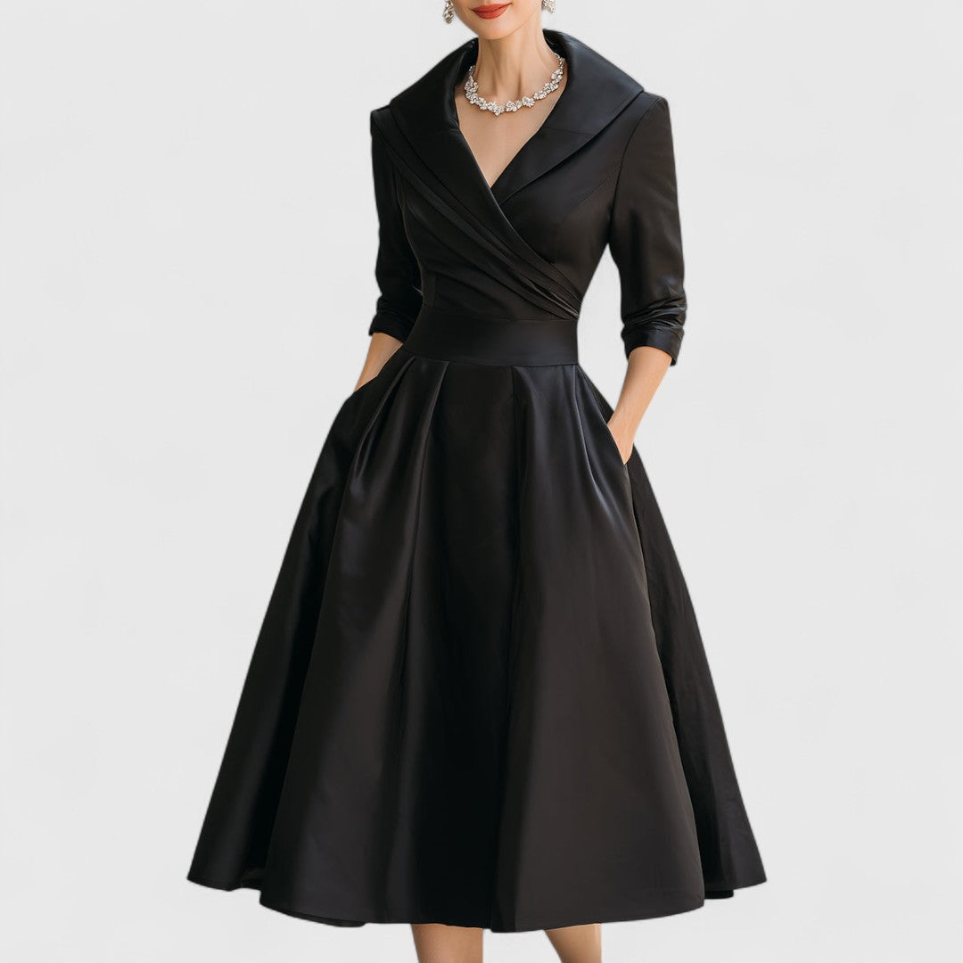 Women's V-Neck Midi Dress with Wrap Waist and Side Pockets