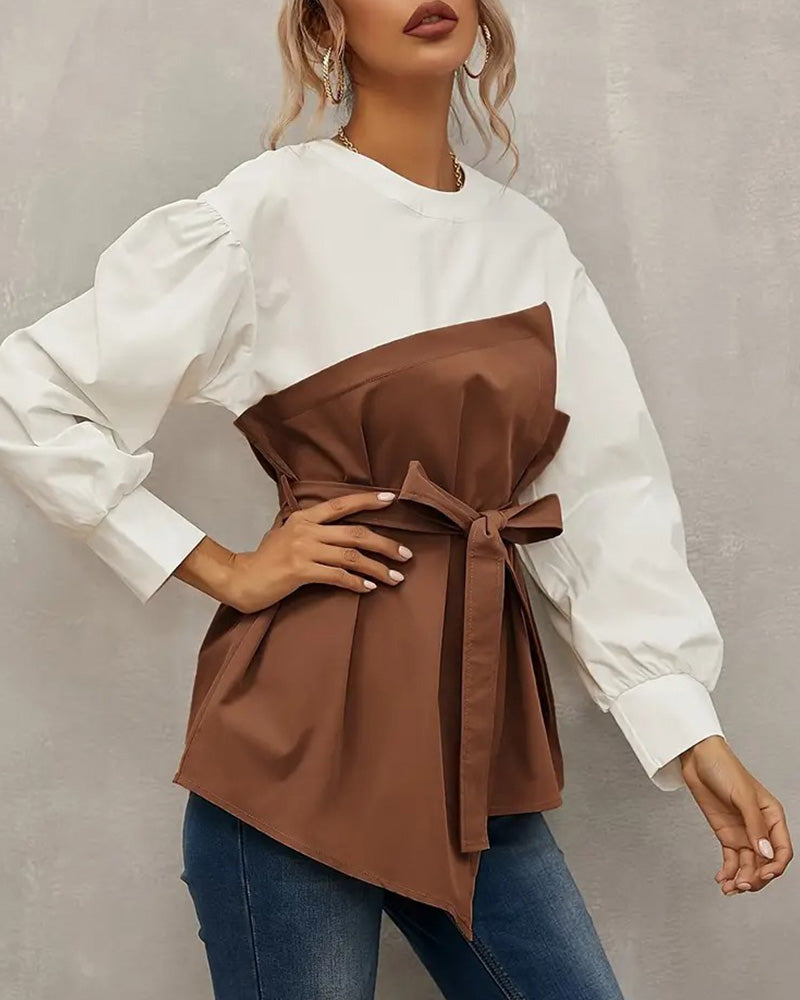 Chique Blouse | Damesblouse met Lantaarnmouwen en Ronde Hals