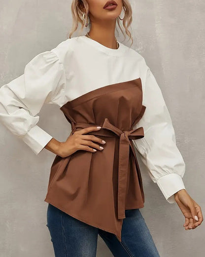 Chique Blouse | Damesblouse met Lantaarnmouwen en Ronde Hals