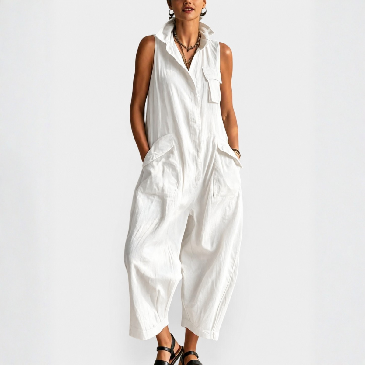 Women's Sleeveless Cargo Jumpsuit with Structured Collar