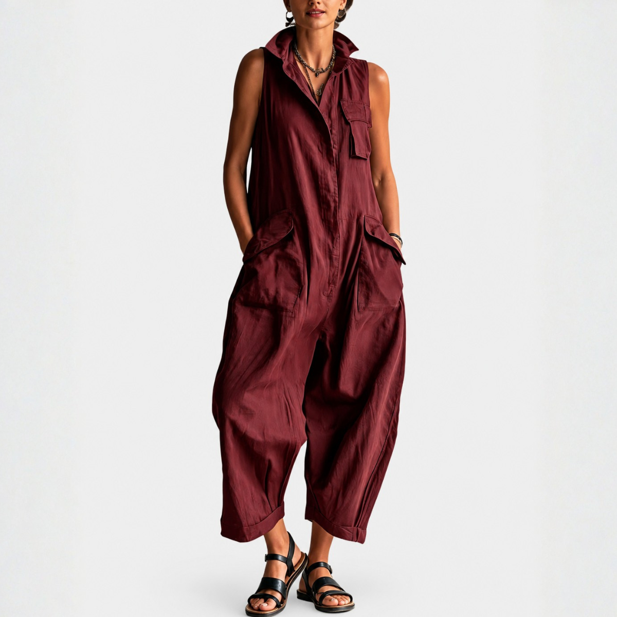 Women's Sleeveless Cargo Jumpsuit with Structured Collar
