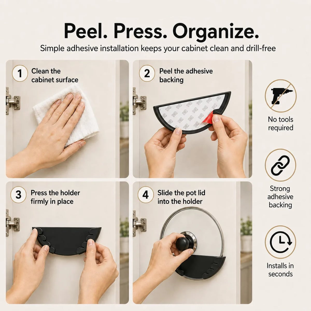 adhesive pot lid holders for cabinet doors in black