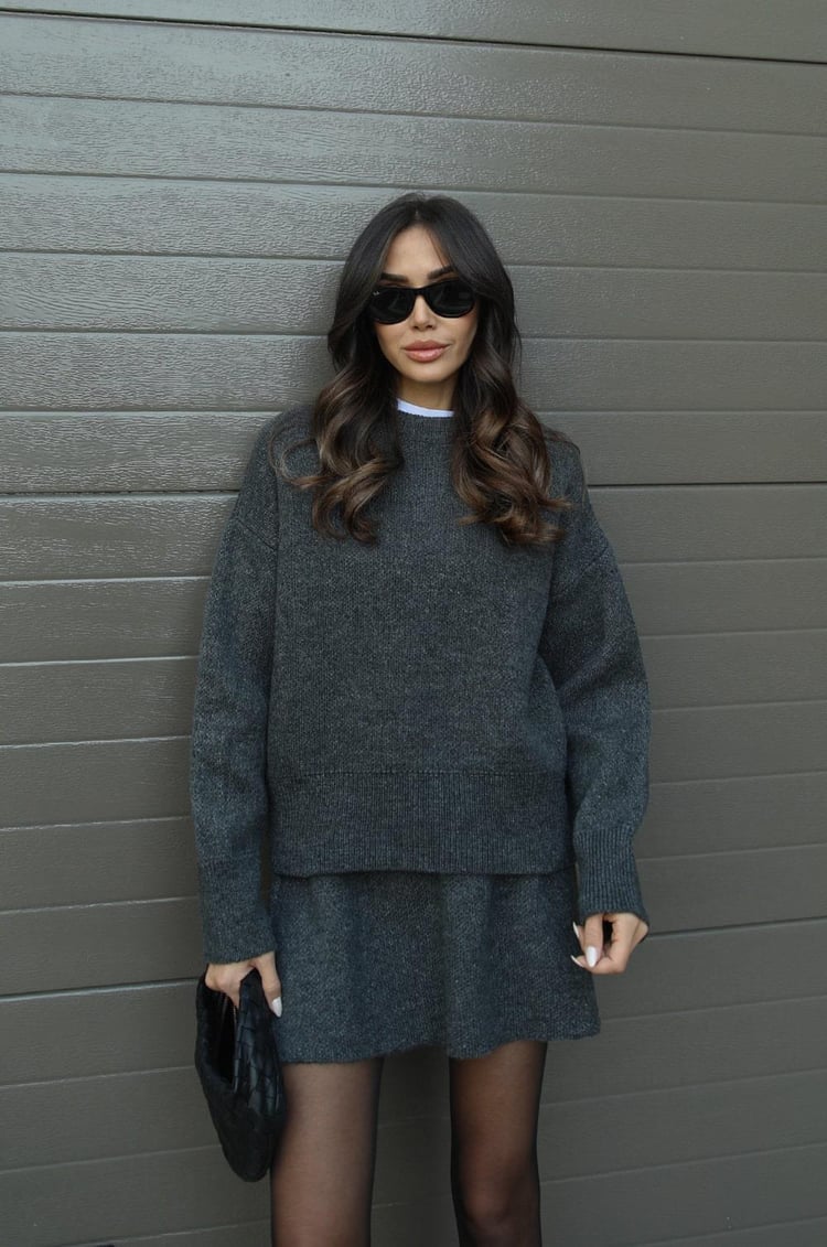 Women's Knit Sweater and Skirt Set - Oversized Top with Fitted Skirt
