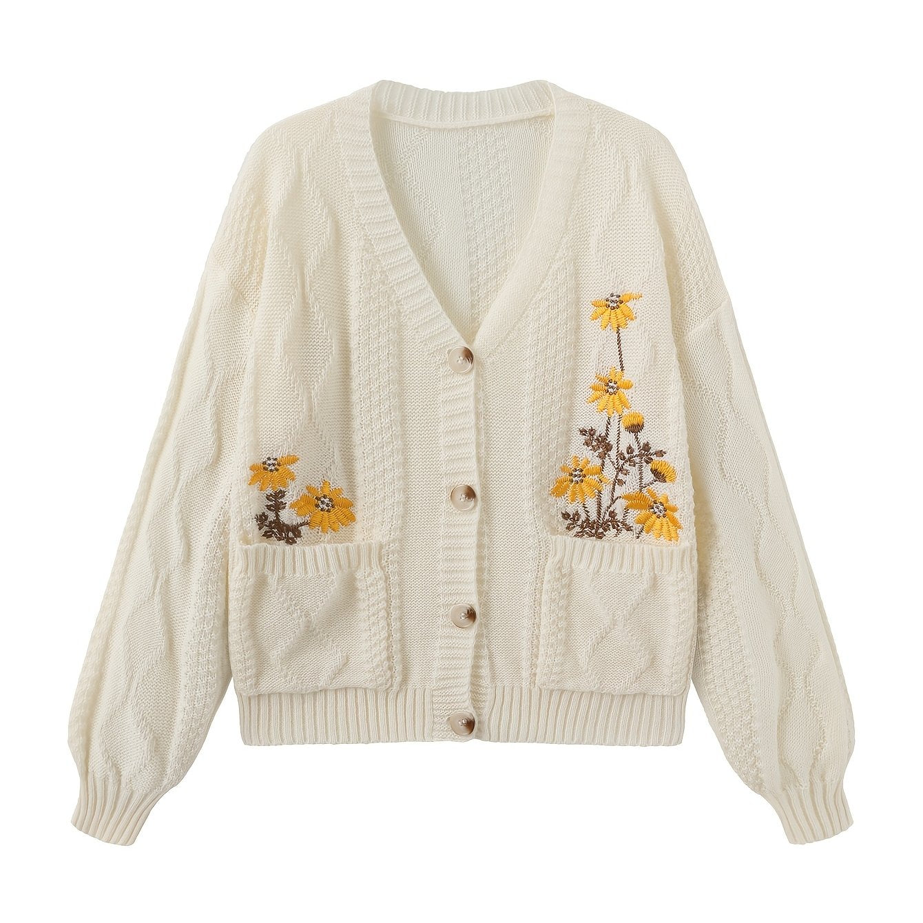 Winsome™ | Women's Floral Embroidered V-Neck Button Cardigan