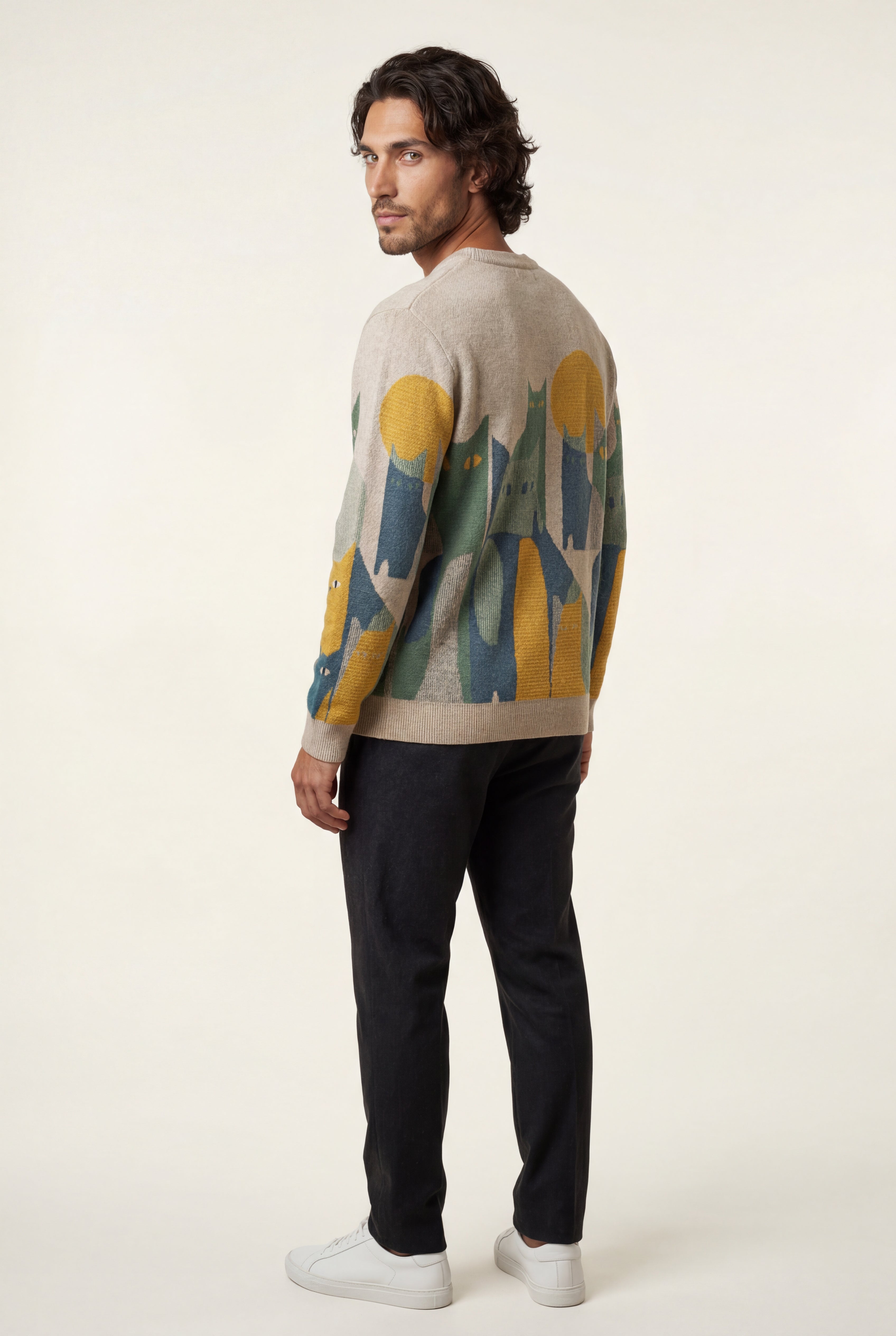 Beige Abstract Cat Graphic Crew Neck Long Sleeve Sweater - Photo 2
