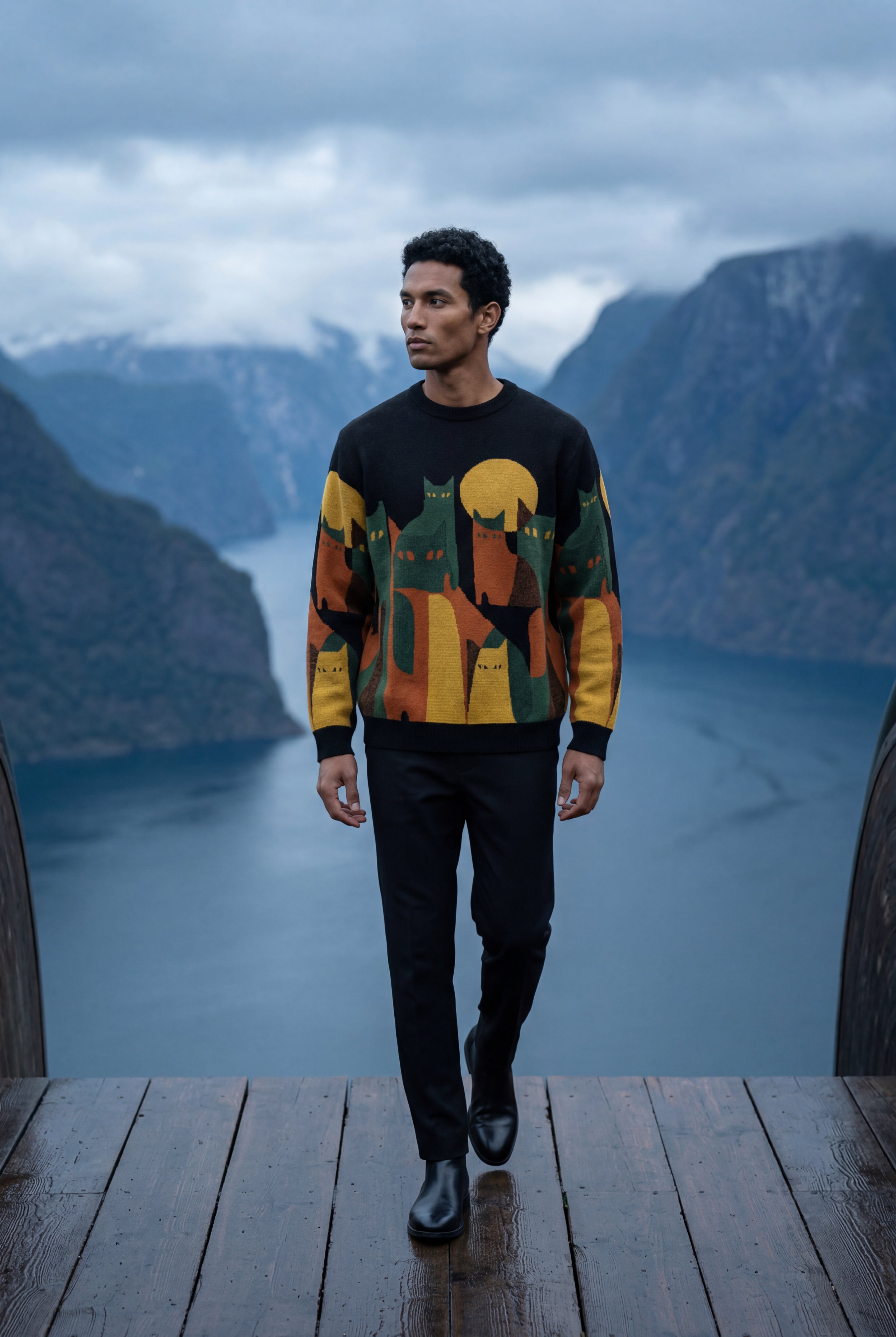 Black Abstract Cat Graphic Crew Neck Long Sleeve Sweater - Photo 6