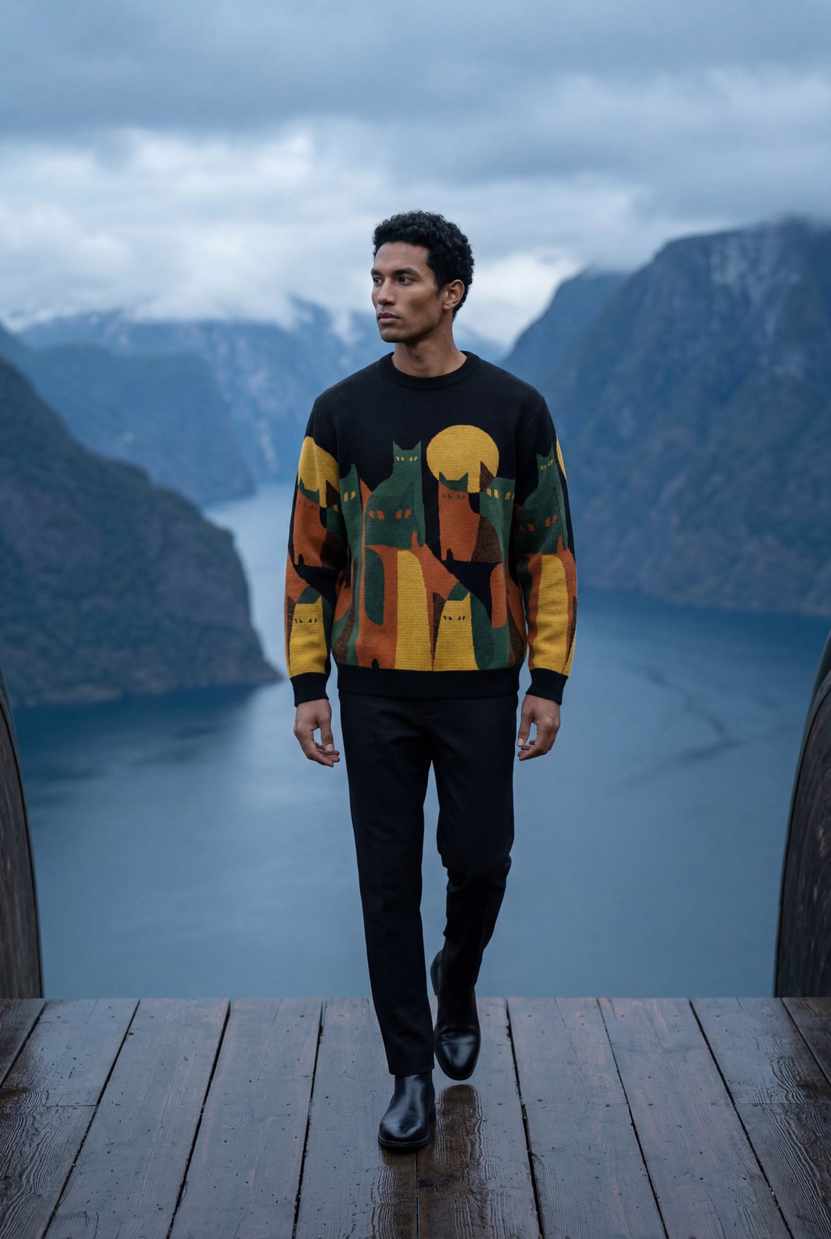Black Abstract Cat Graphic Crew Neck Long Sleeve Sweater - Photo 6